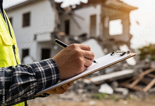 A person in a safety vest writing notes on a clipboard, inspecting a severely damaged house, disaster, insurance claim.