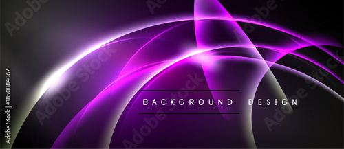 Abstract purple design features flowing lines, bright highlights, dark background. Modern aesthetic, dynamic composition, elegant presentation.