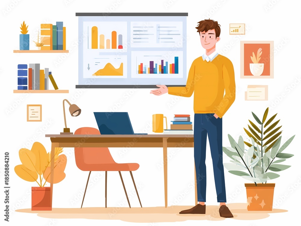 Fototapeta premium Business Worker Giving Presentation, Flat Design Illustration