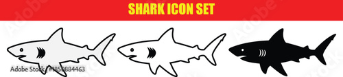 Set of modern shark icons in black and white for design projects