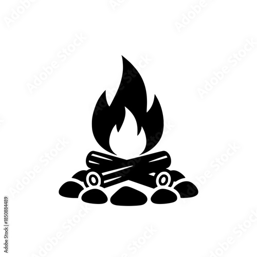 Bold Minimalist Campfire Vector Icon. Black and White Flat Design Bonfire Silhouette for SVG Cutting Files, Outdoor Adventure Branding, Camping Logo, and Modern Wilderness Flame Illustration