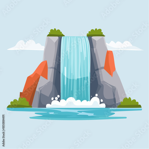 Cartoon illustration of a waterfall cascading between rocky cliffs into a pool of water.