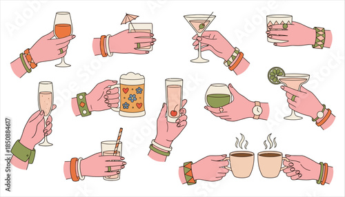 A collection of stylized hands holding various beverages including wine beer cocktails and coffee cups presented in a vibrant flat design drinks glasses set assorted different types