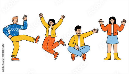 Four cheerful people in casual clothing express joy and positivity with dynamic poses and expressive gestures conveying a sense of celebration and excitement for shared moments group