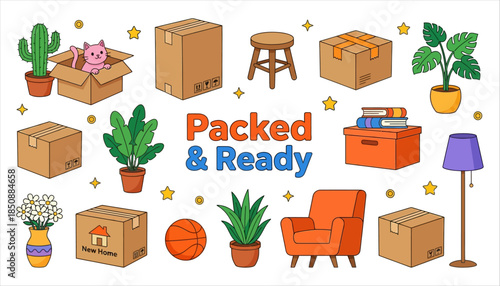 A cheerful cartoon collection depicts moving boxes houseplants furniture a cat in a box flowers and a basketball suggesting new beginnings relocation house move new home moving house