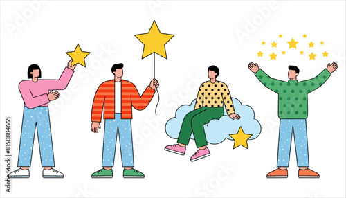 Four diverse people each engaged with yellow stars symbolizing achievement dreams or success in this flat illustrative style celebration winner goal ambition aspiration wish fantasy