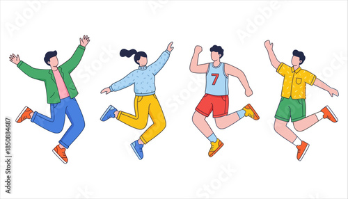 Four animated individuals are joyfully leaping and celebrating with their arms outstretched and legs in dynamic mid air poses conveying enthusiasm and happiness jumping celebration