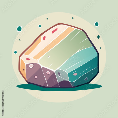 Illustration of a colorful, faceted gemstone with a light green background and small dots.