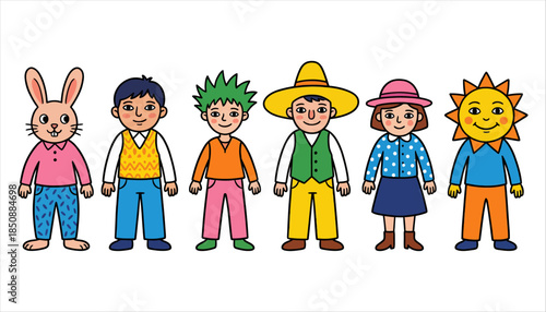 Six whimsical cartoon characters in a row including a rabbit two boys a girl and a sun character all wearing colorful clothing and hats children people group illustration fun happy