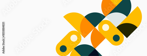 Abstract geometric shapes overlap, creating dynamic composition. Yellow, orange, teal dominate white background. Modern design elements present.