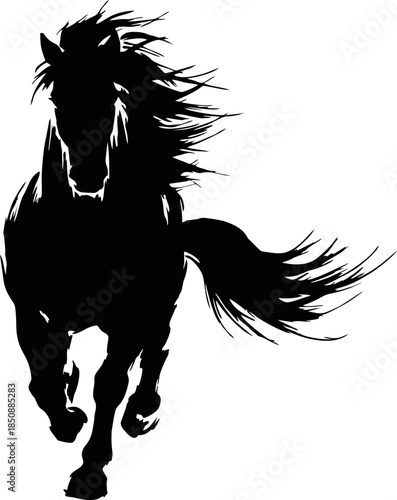 Intense Charging Horse Silhouette in High Contrast Asian Ink Brush Style - Solid Black Vector Illustration