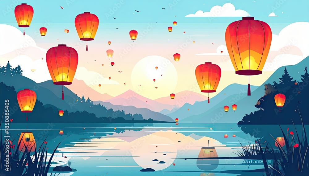 Naklejka premium Giant paper lanterns floating over a lake. 