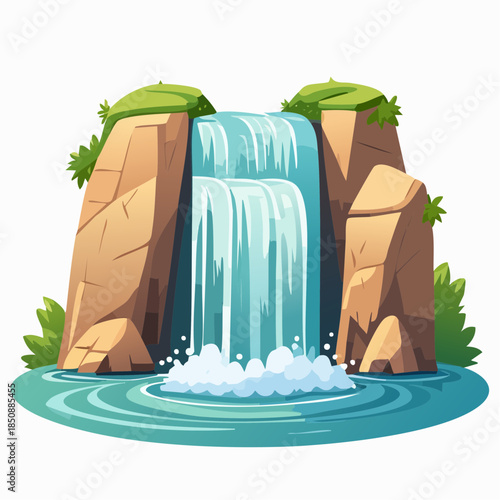 Cartoon illustration of a waterfall cascading between rocky cliffs into a pool of water.