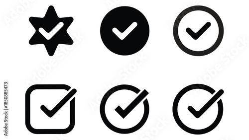 Black Color Badge Check Icon Set.  Flat Black Check-mark Button Vector Illustration, 