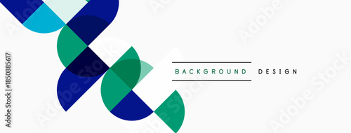 Abstract geometric shapes overlap, creating dynamic visual effect. Blue, teal, green hues dominate white space. Minimalist design.