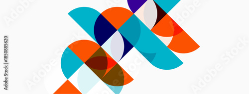 Abstract geometric composition. Overlapping circles, semicircles create dynamic visual effect. Bright colors dominate white background.