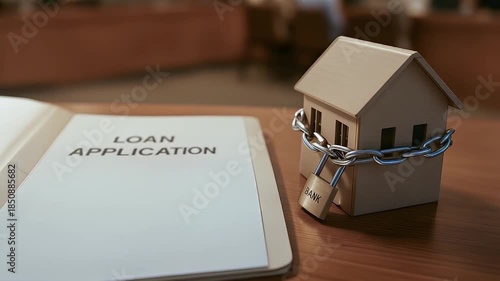 Wallpaper Mural Loan application document featuring small wooden house secured by chain and padlock on wooden table symbolizing mortgage finance security and home loan financial protection concept Torontodigital.ca