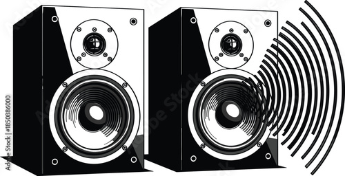  Black and white speaker illustration with sound waves, modern audio system concept, music technology icon, high quality vector design for media projects