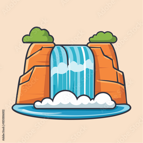 Cartoon illustration of a waterfall cascading between rocky cliffs into a pool of water.