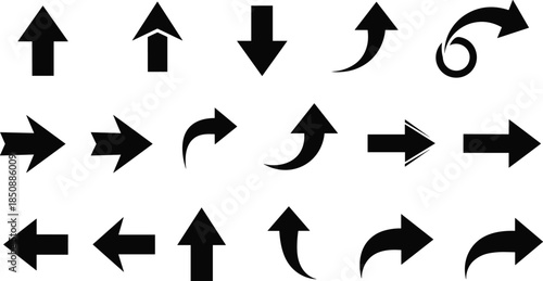  Black arrow icons collection, direction navigation symbols set, up down left right arrows, curved pointers, user interface elements, vector illustration