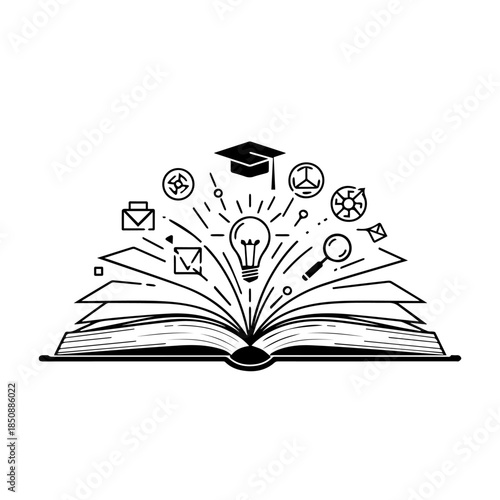 Open book with educational icons