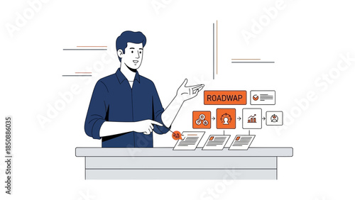 Illustration of a young man presenting a road safety concept with various icons and a roadmap sign