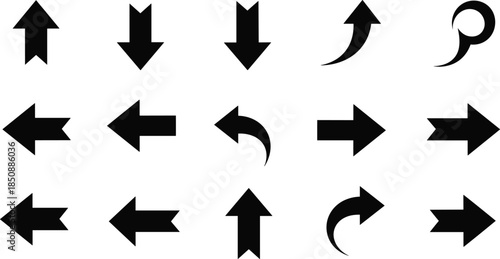 Black arrow icons set, navigation direction symbols collection, up down left right arrows, curved pointer signs, minimal user interface elements, vector illustration