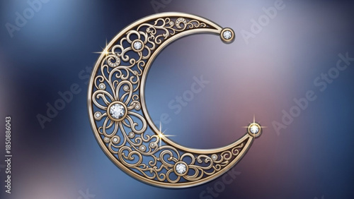 Gold crescent moon shape with sparkling gemstones and intricate filigree design on gradient blue background