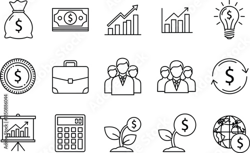  Business and finance line icons set, money growth, investment, analytics, teamwork, global economy symbols, editable stroke outline vector illustration for web and app design
