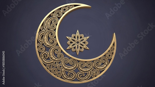 Intricate golden crescent moon symbol with floral design elements on dark background, decorative lunar icon, ornate star shape