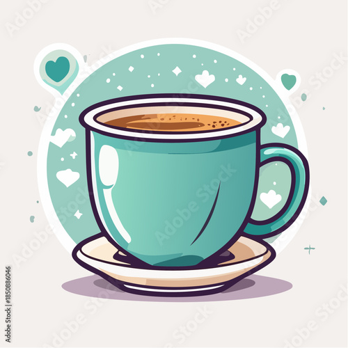 Illustration of a teal coffee cup with coffee on a saucer.