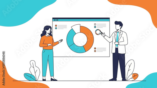 professional business presentation with data analysis and discussion between colleagues