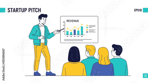 business presentation startup pitch with an animated entrepreneur presenting revenue growth to an