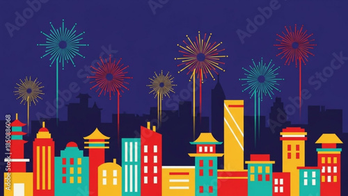 Vibrant cityscape with colorful buildings and fireworks exploding in night sky