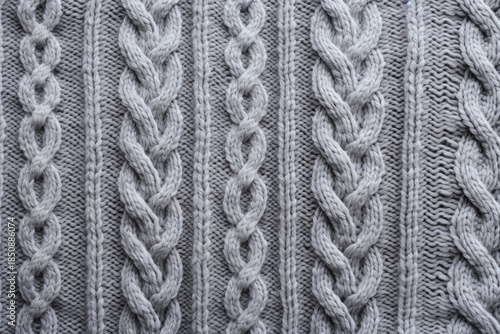 Close up view of gray knitted cable pattern, showcasing traditional aran stitches creating a textured vertical braid design