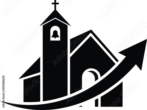  Christian church growth vector illustration, religious building with cross and bell, upward arrow success symbol, faith based progress, ministry expansion and community development concept