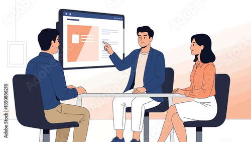 Business Meeting with Three Professionals Discussing Work in a Conference Room