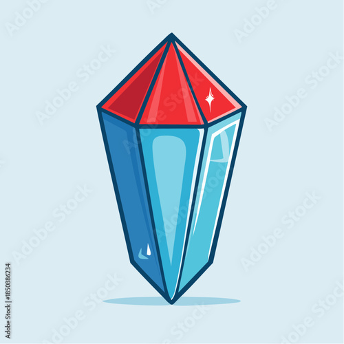 Illustration of a blue crystal with a red top, standing upright on a light blue background.