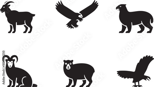 Set of animal silhouettes, black and white vector illustration of wild and domestic animals, isolated collection for wildlife, nature, and design concepts