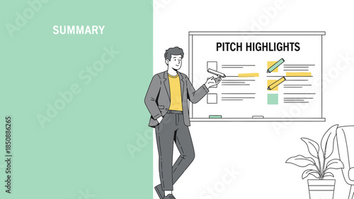 Business professional presenting pitch highlights with presentation board and plant in background