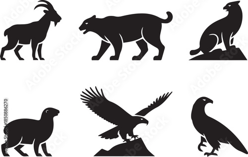 Set of animal silhouettes, black and white vector illustration of wild and domestic animals, isolated collection for wildlife, nature, and design concepts