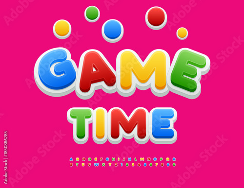Vector Kids banner Game Time. Festive Colorful Font. Joyful Children Alphabet Letters and Numbers set.