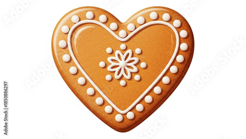 Decorative heart shaped gingerbread cookie with white icing and floral design on plain background