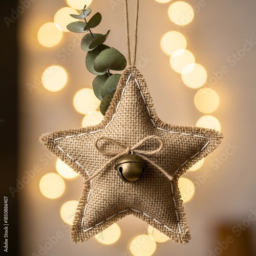 Wallpaper Mural Beautiful Cozy Linen Star Adorned with Leaves Cute Christmas Ornament on Festive Glow Background Torontodigital.ca