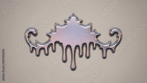 Shiny metallic design element with liquid silver effect on beige background, decorative border template with molten chrome texture and ornate details