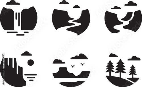 Set of mountain icons, black and white vector illustration of peaks and landscapes, isolated symbols for nature, travel, hiking, and outdoor concepts