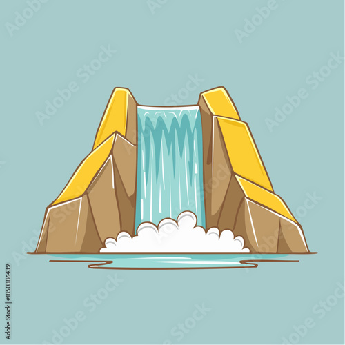 Cartoon illustration of a waterfall cascading down rocks into a pool of water, set against a light blue background.
