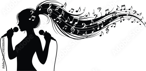  Female singer silhouette with flowing musical notes, microphone performance concept, vocal music art, sound wave melody, creative audio illustration, black vector design