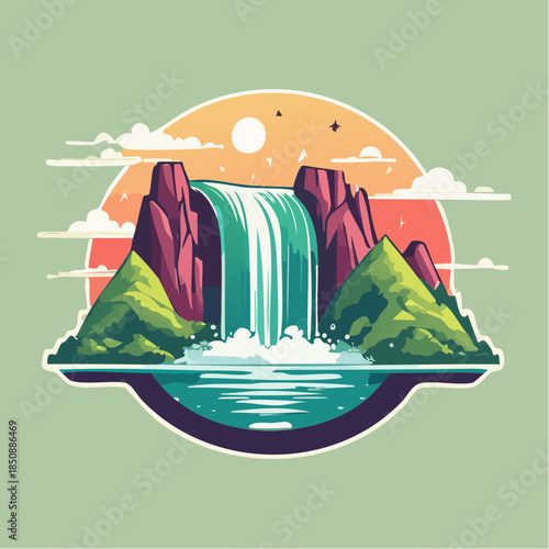A vibrant sticker-style illustration of a waterfall cascading between rocky cliffs into a serene pool, set against a sunset backdrop.