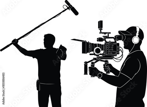  Film production crew silhouette recording video scene, cameraman with professional camera and boom microphone, movie shooting process, filmmaking equipment, black vector illustration